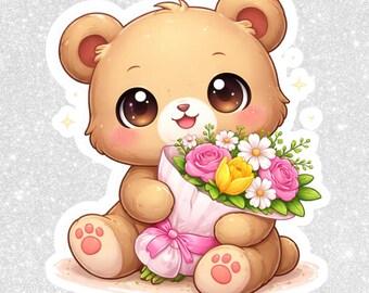Ours chibi avec des fleurs PNG | Clipart kawaii, arrière-plan transparent (téléchargement numérique)