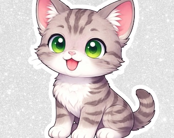 Sticker PNG chat tigré gris Chibi | Clipart kawaii, arrière-plan transparent (téléchargement numérique)