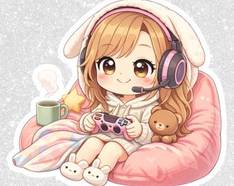 Adesivo PNG Chibi de Garota Gamer Aconchegante | Clipart Kawaii, Fundo Transparente (Download Digital)
