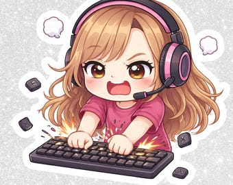 Adesivo PNG de Chibi Gamer Girl Quebrando Teclado | Clipart Kawaii, Fundo Transparente (Download Digital)