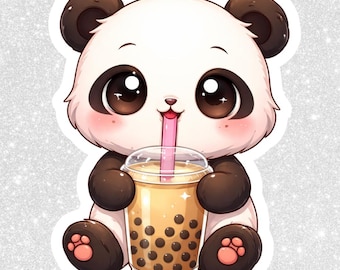 Sticker PNG panda chibi et thé Boba | Clipart kawaii, arrière-plan transparent (téléchargement numérique)