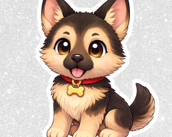 Autocollant PNG pour chien de berger allemand Chibi | Clipart kawaii, arrière-plan transparent (téléchargement numérique)
