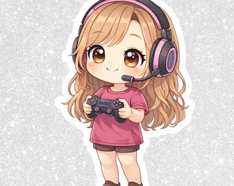 Adesivo PNG de Garota Gamer Chibi | Clipart Kawaii, Fundo Transparente (Download Digital)