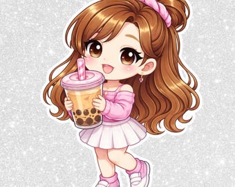 Imagen PNG de una chica chibi tomando té de burbujas / Diseño de pegatina kawaii (descarga digital)
