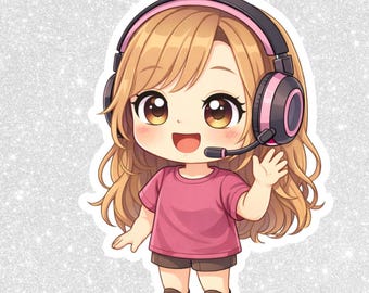 Adesivo PNG de garota gamer chibi fazendo streaming | Clipart kawaii, fundo transparente (download digital)