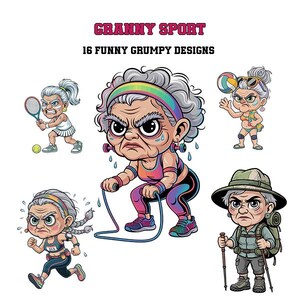 May include: A graphic featuring the text "Granny Sport" and "16 Funny Grumpy Designs." The image showcases cartoon illustrations of elderly women engaged in various sports, including tennis, jump rope, volleyball, running, and hiking.