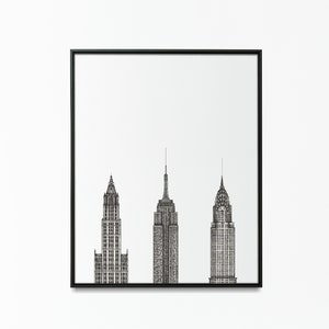 Impresión de edificios icónicos de Nueva York / Cartel de arquitectura de viajes de Nueva York / Regalo de decoración de arte de pared / Dibujo de paisaje urbano de bellas artes