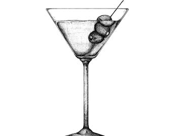 Dirty Martini Art Print, Cocktail Illustration, Bar Decor