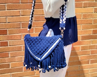 Navy blue bag with peak flap and fringe, Handbag with exchangeable blue strap, Wardrobe staple made of macramé, Handmade women's accessory