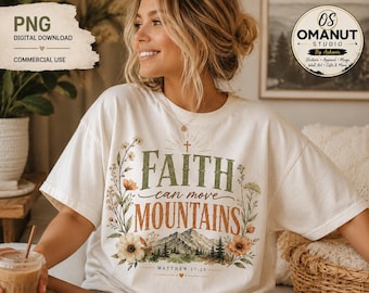 Faith Can Move Mountains PNG, Retro Floral Bible Verse Design (Digital Download)