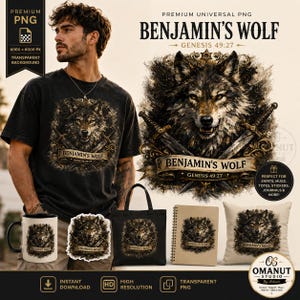 May include: A digital graphic design featuring a detailed wolf head centered above two crossed swords, surrounded by ornate filigree. Below the wolf, a banner displays the text BENJAMIN'S WOLF and GENESIS 49:27. The design is shown on a t-shirt, mug, tote bag, notebook, and pillow.
