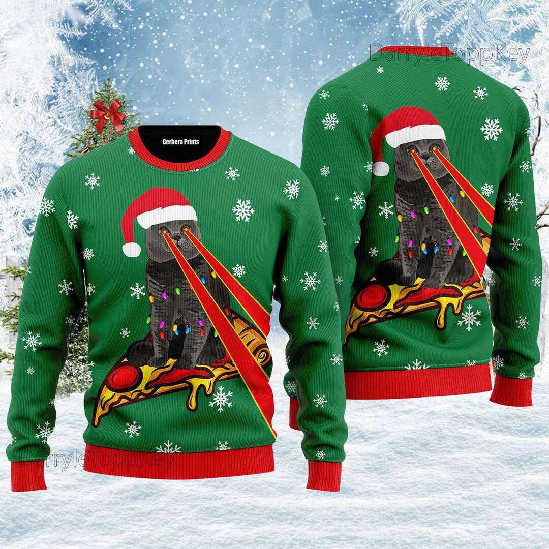 Pizza Cat With Laser Eyes Christmas Ugly Sweater Drax Pizza Etsy