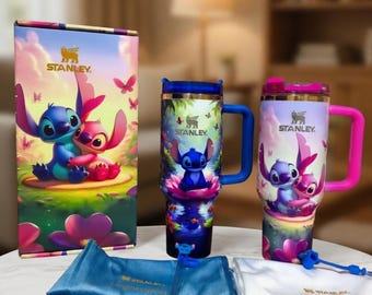 Custom Stitch Stanley Tumbler 40oz,Lilo & Stitch Insulated Cup Gift Box with Straw Topper