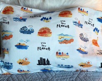 Love your planet flannel fabric travel size or children's pillow case. Pillow available separately.
