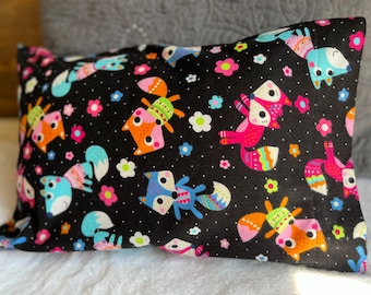 Playful fox fabric travel size children's flannel pillow case. Pillow available separately.