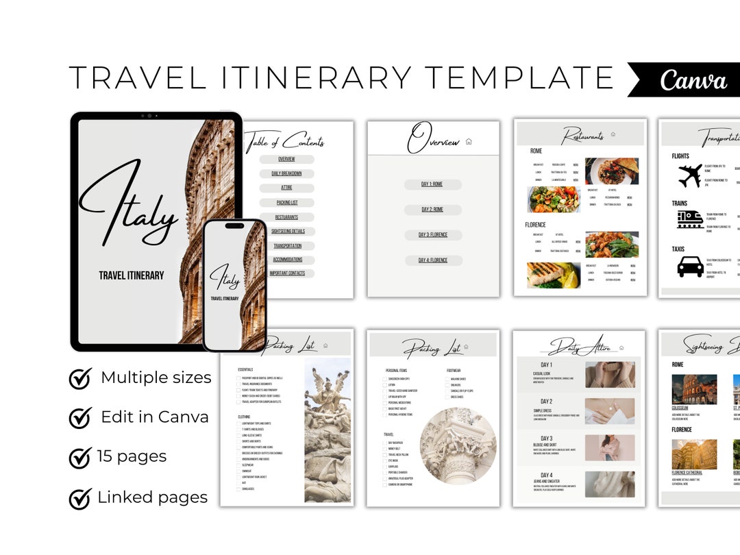 Editable Travel Itinerary Template: Trip Planner, Packing List (canva ...