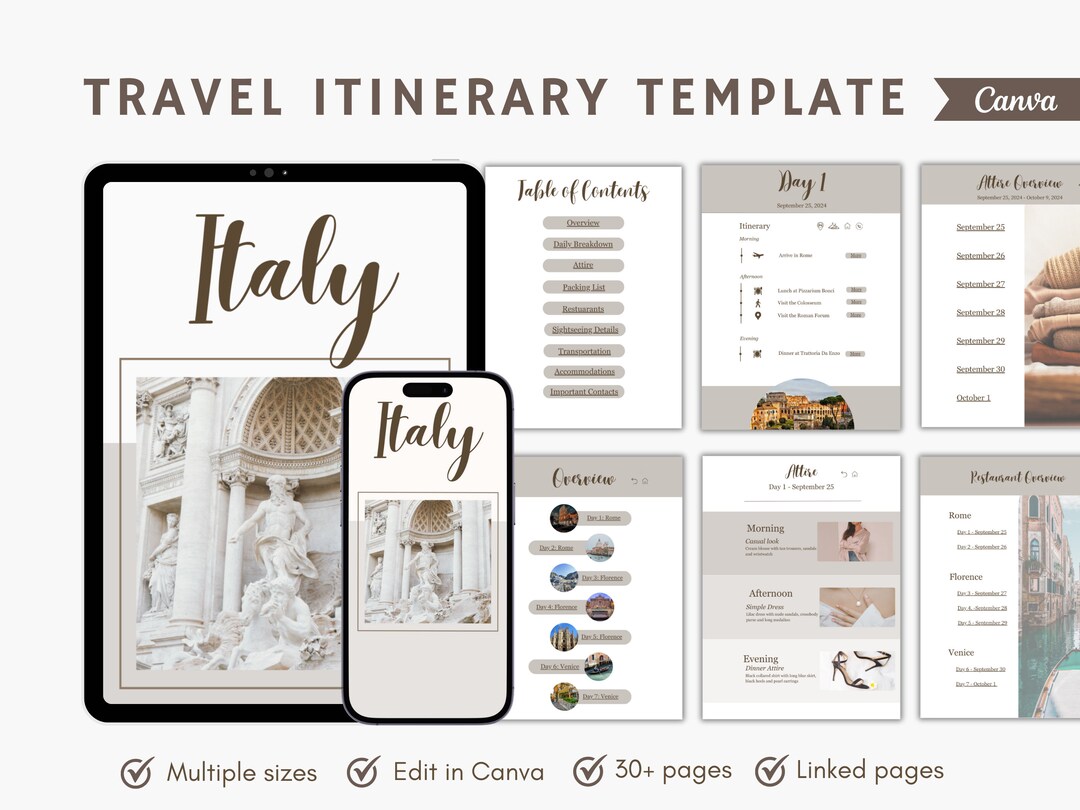 Italy Travel Itinerary, Travel Planner, Travel Guide, Daily Travel Itinerary Template, Travel ...
