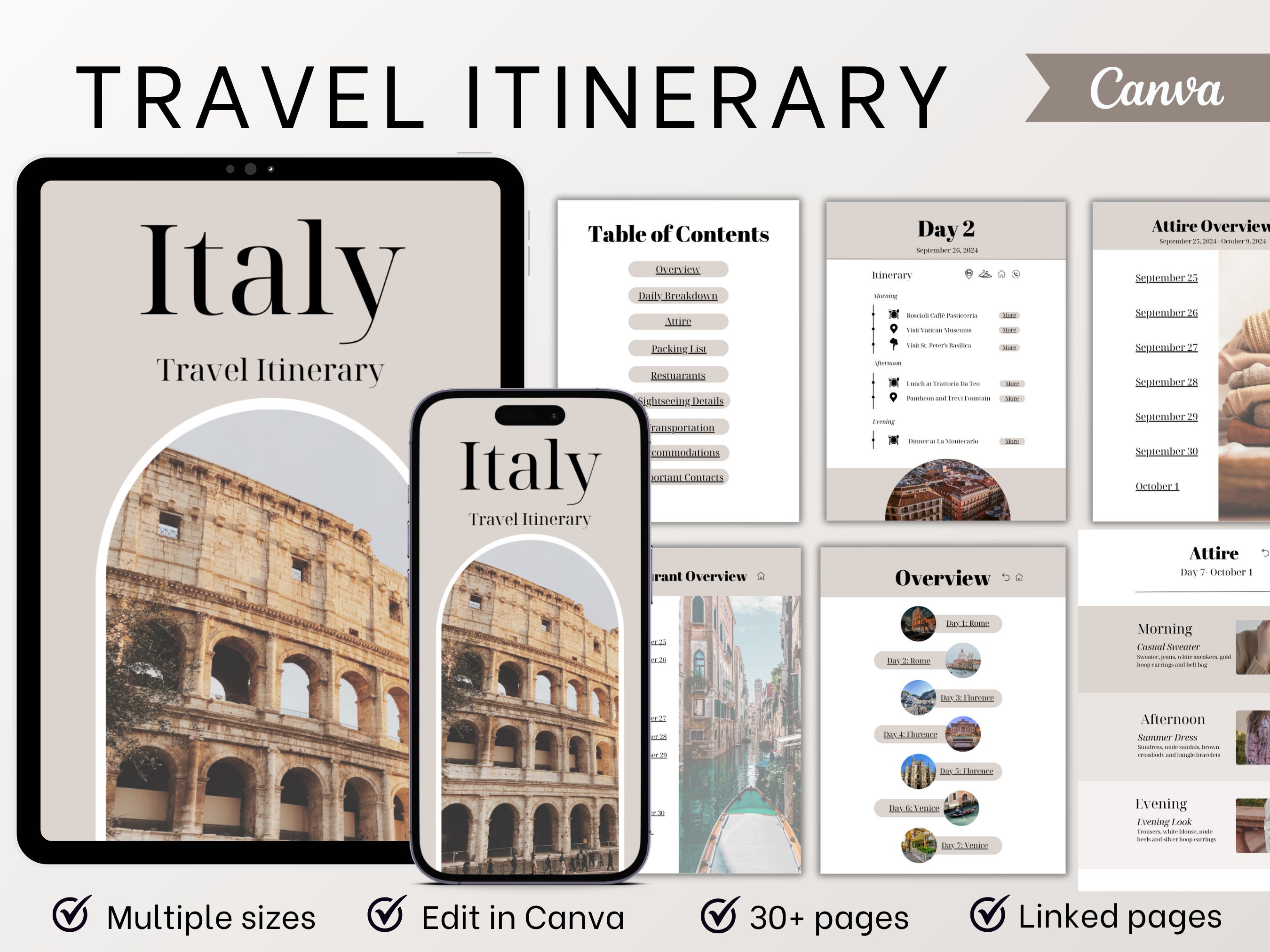 Italy Travel Itinerary, Travel Planner, Travel Guide, Daily Travel Itinerary Template, Travel ...