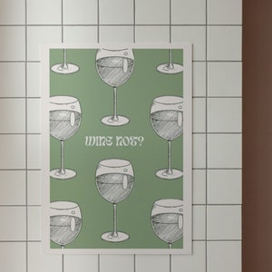 Könnte beinhalten: Ein grüner Poster mit einem sich wiederholenden Muster aus Weingläsern. Der Text "Wine not?" befindet sich in der Mitte des Posters.