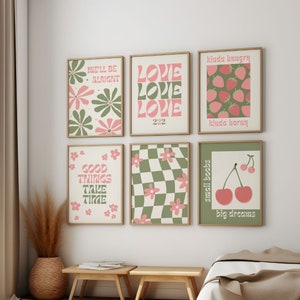 Ultimate Green Pink Quote Poster Set | Strawberry and Cherry Fruit Art | Preppy Vintage Room Decor for Teens | Digital Download Prints