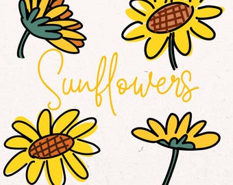 May include: Illustration of four sunflowers in yellow, brown, and green, with black outlines. The word "Sunflowers" is written in yellow script. Below the flowers, the text reads "8 SVG & PNG".
