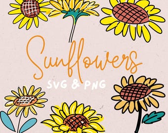May include: A set of six hand-drawn sunflower illustrations in yellow, orange, and green. The sunflowers are in various stages of bloom and have a whimsical, doodle-like style. The text "Sunflowers SVG & PNG" is written in orange below the illustrations.