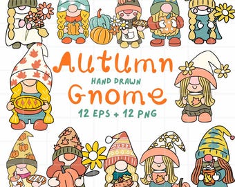 Autumn gnome hand drawn cartoon set.