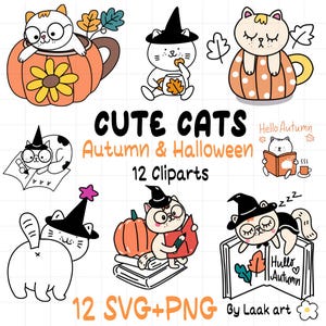 Autumn and Halloween hand drawn doodle cartoon Cute whimsical Cats witches cat and retro cat reading book, cat in cup drawing clip art set