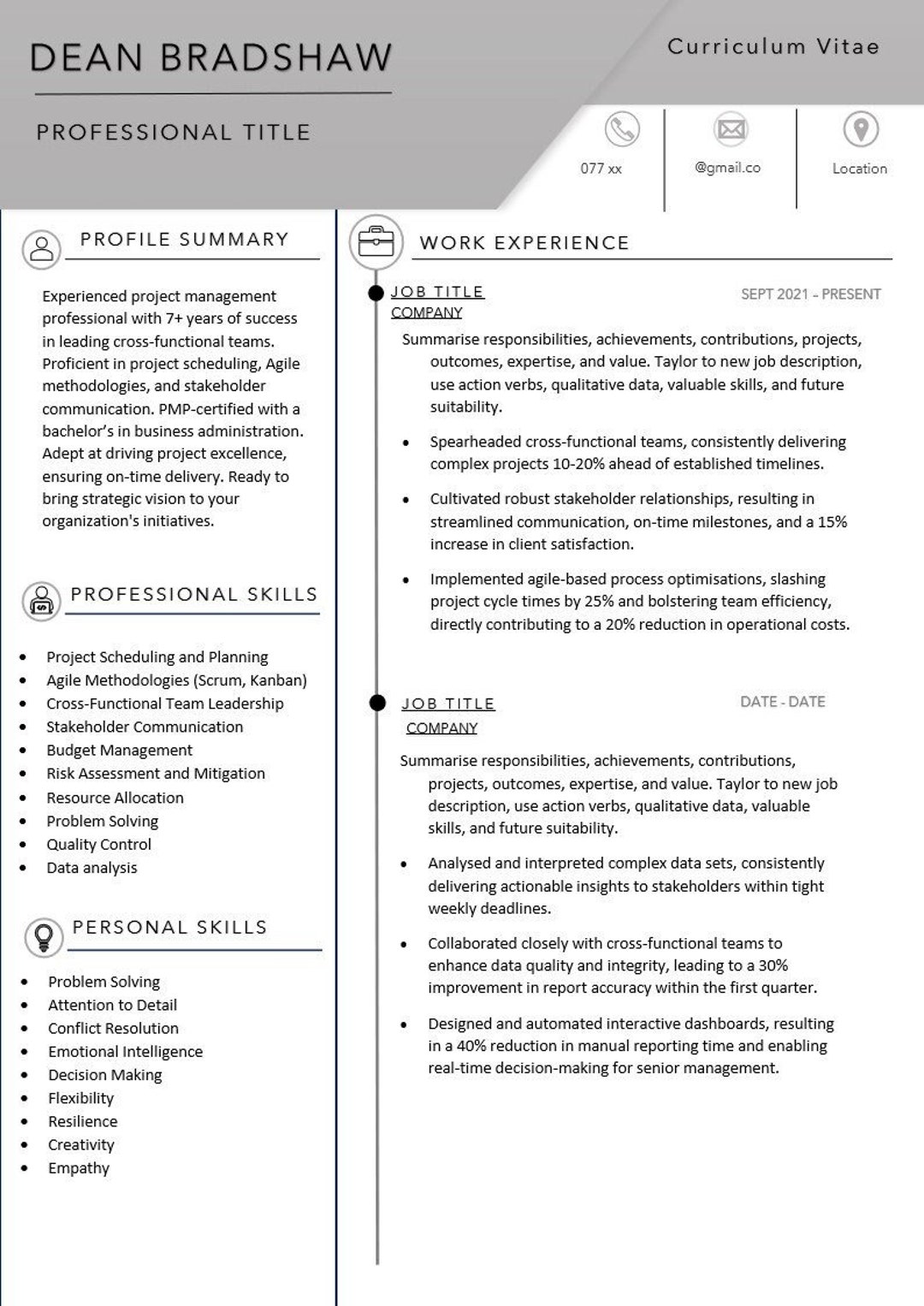 Professional Modern CV Resume Template, Word, Google Docs, - Etsy