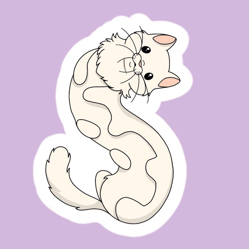 May include: A die-cut sticker featuring a cream-colored cat with light brown patches, shaped into a serpentine S-curve. The cat has large black eyes, a small pink nose, and long whiskers, with a white border outlining the entire illustration.