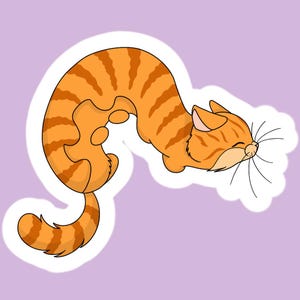 May include: A die-cut sticker featuring a stylized orange tabby cat with dark orange stripes, depicted in a curved, flexible pose with its head tucked down and eyes closed, outlined in white against a solid light purple background.