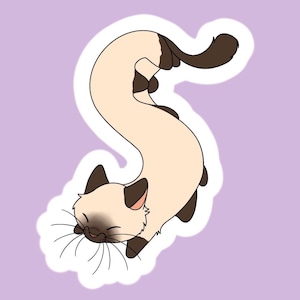 May include: A sticker illustration of a Siamese cat with cream-colored fur and dark brown points on its ears, face, paws, and tail. The cat is depicted in a long, curved, S-shaped pose with its eyes closed and long black whiskers extending outward.