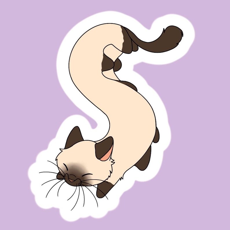 May include: A sticker illustration of a Siamese cat with cream-colored fur and dark brown points on its ears, face, paws, and tail. The cat is depicted in a long, curved, S-shaped pose with its eyes closed and long black whiskers extending outward.