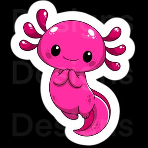 Könnte beinhalten: Ein pinkfarbener Axolotl-Aufkleber mit weißem Rand. Der Cartoon-Axolotl hat große schwarze Augen, rosa Kiemen und einen lächelnden Ausdruck. Die Hände des Axolotls sind zusammengelegt. Der Aufkleber befindet sich auf schwarzem Hintergrund.