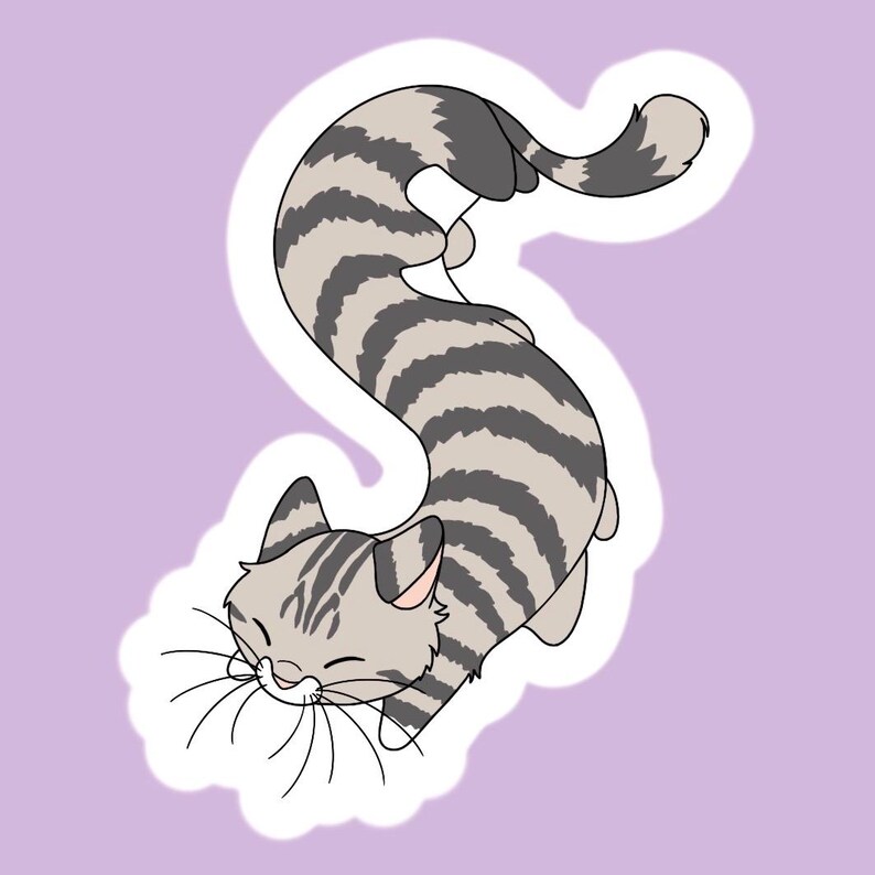 May include: A die-cut sticker featuring a long, flexible tabby cat with light gray fur and dark gray stripes. The cat is depicted in a curved, S-shaped pose with its eyes closed in a contented expression, long whiskers, and a white border outline.