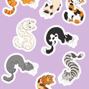 May include: A collection of eight die-cut stickers featuring cartoon cats in various colors and patterns, including orange tabby, Siamese, calico, white, black and white, solid gray, gray tabby, and leopard-spotted, all arranged on a light purple background.