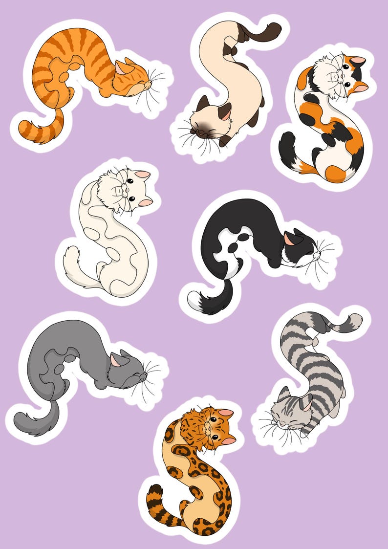 May include: A collection of eight die-cut stickers featuring cartoon cats in various colors and patterns, including orange tabby, Siamese, calico, white, black and white, solid gray, gray tabby, and leopard-spotted, all arranged on a light purple background.