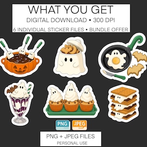 Könnte beinhalten: Ein digitales Download-Paket mit sechs Halloween-Aufklebern: Geister in einem Kürbistopf, einem Glas, einer Pfanne, einem Eisbecher, Cupcakes und S'mores. Text: WHAT YOU GET, DIGITAL DOWNLOAD, 300 DPI, 6 INDIVIDUAL STICKER FILES, BUNDLE OFFER, PNG, JPEG, PNG + JPEG FILES, PERSONAL USE.