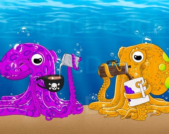 Cute Octopus Ocean | Cute Wall Decor, Printable Poster, Cartoon Art, T-shirt Graphic