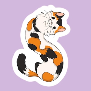 May include: A die-cut sticker featuring a calico cat with white, orange, and black patches. The cat is illustrated in a flexible, elongated pose that forms an S-shape, with its head turned back to look over its shoulder, featuring large black eyes.