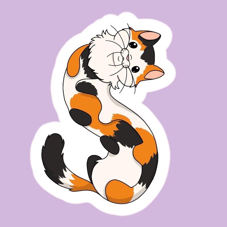 May include: A die-cut sticker featuring a calico cat with white, orange, and black patches. The cat is illustrated in a flexible, elongated pose that forms an S-shape, with its head turned back to look over its shoulder, featuring large black eyes.