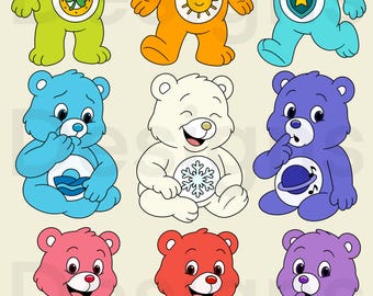 May include: Nine cartoon bears in a variety of colours, each with a unique belly badge. The bears are depicted in green, orange, blue, white, purple, pink, and red. Each bear features a different symbol on its belly, including a horseshoe, sun, star, waves, snowflake, planet, rose, handshake, and a cloud with a star.