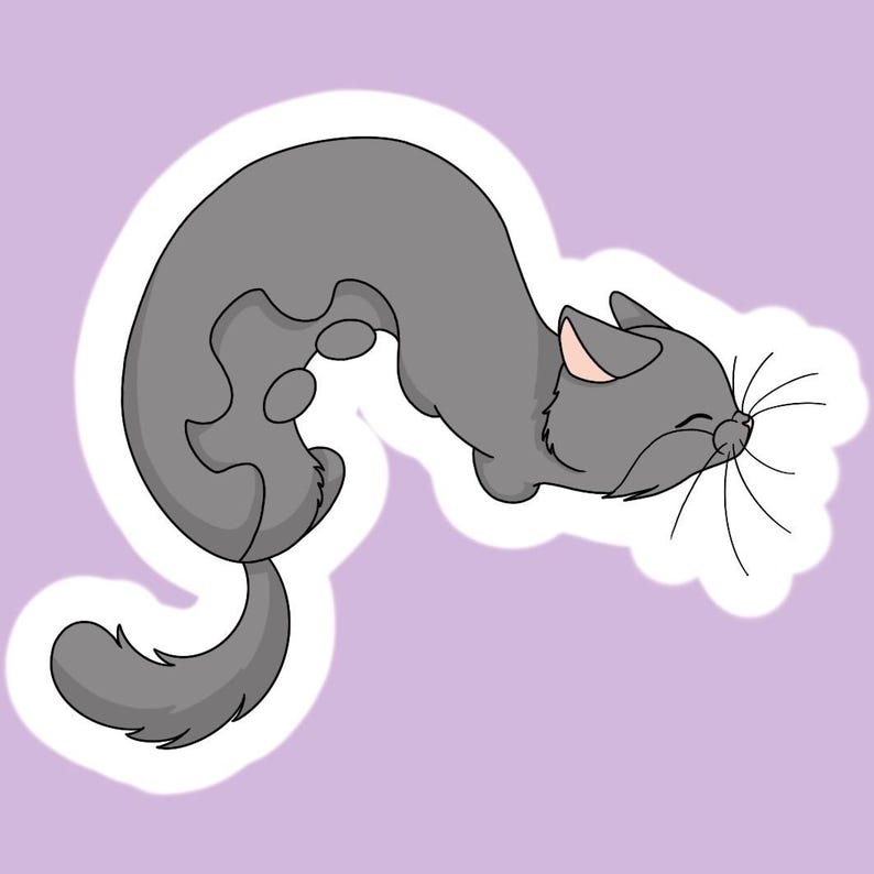 May include: A sticker illustration of a grey cat with a long, curved body and a fluffy tail. The cat is depicted in a side profile view with its eyes closed, long whiskers, and pink inner ears, outlined in white against a light purple background.