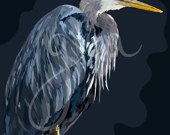 May include: A blue heron with a yellow beak stands on a dark background. The heron's feathers are a mix of blue, gray, and white. The bird's head is turned to the side, and its eye is visible. The background is a dark blue with a hint of purple.