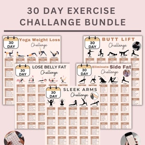 May include: A set of four printable 30-day exercise challenge posters. Each poster features a different challenge: Yoga Weight Loss, Butt Lift, Lose Belly Fat, and Sleek Arms. The posters are designed with a brown and beige color scheme and include illustrations of the exercises.