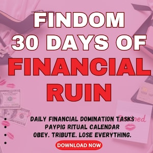 May include: A pink graphic with the text "FINDOM 30 DAYS OF FINANCIAL RUIN". The image includes high-heeled shoes, money, a wallet, and a gift box. The text "DAILY FINANCIAL DOMINATION TASKS" is also present, along with other text.