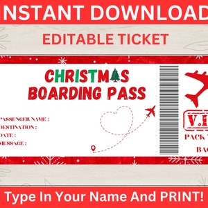 Bordkarte Weihnachtsgeschenk Vorlage - Überraschungsreise Urlaub Idee - Geschenk Gutschein Karte - Weihnachten druckbare Flugticket - Flugzeug Urlaub