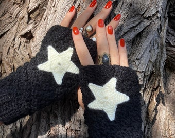 Black Fingerless Gloves with a Crochet Star