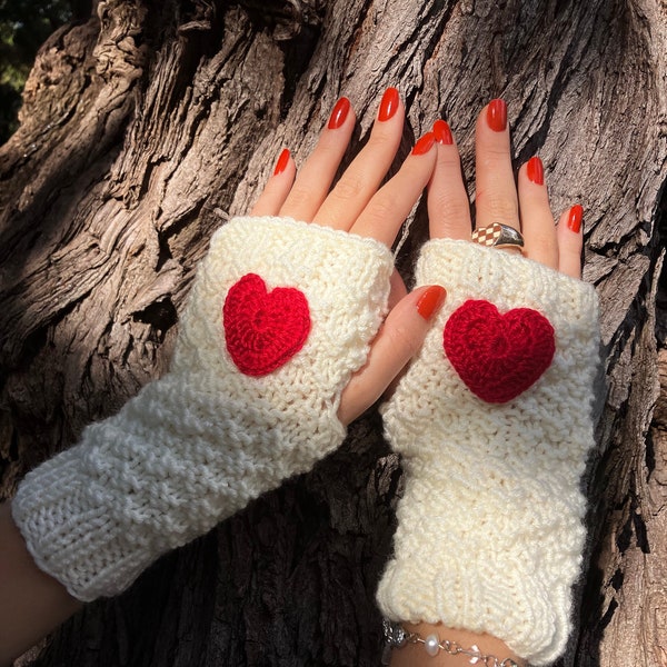 White Fingerless Gloves with a Red Heart