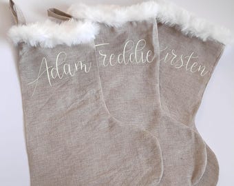 Personalized Linen Christmas Stocking: Handmade, Embroidered